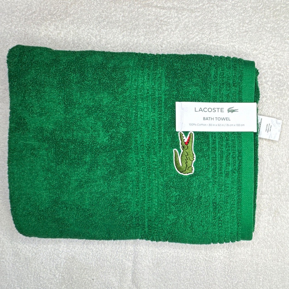 Lacoste Green Cotton Bath Towel 30x52 Embroidered Crocodile Logo 550GSM